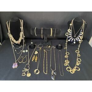 Vintage To Now Gold tone Jewelry Lot Necklace Bracelet Earrings Brooch Ring